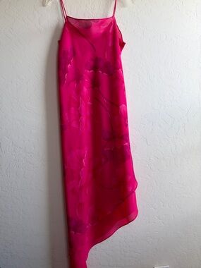 Positive Attitude Fuchsia Floral Handkerchief Hem Midi Slip Dress